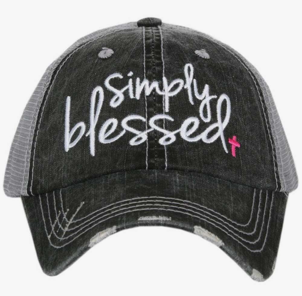 Katydid Simply Blessed Distressed Trucker Baseball Cap with Pink Cross